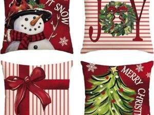 AVOIN colorlife Merry Christmas Let It Snow Joy – Juego de 4 fundas de almohada rojas, 18 x 18 pulgadas, diseño de rayas con diseño de árbol de Navidad, d