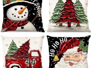 MEHOFOND Juego de 4 fundas de almohada de Navidad de 18 x 18 pulgadas, fundas de almohada de Papá Noel Let it Snow para decoración de Navidad para funda de almohada, muñeco de nieve rojo, camión