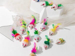 Fausse Souris en Fourrure de Lapin avec Plume Arc-en-Ciel – Jouets Amusants pour Chaton